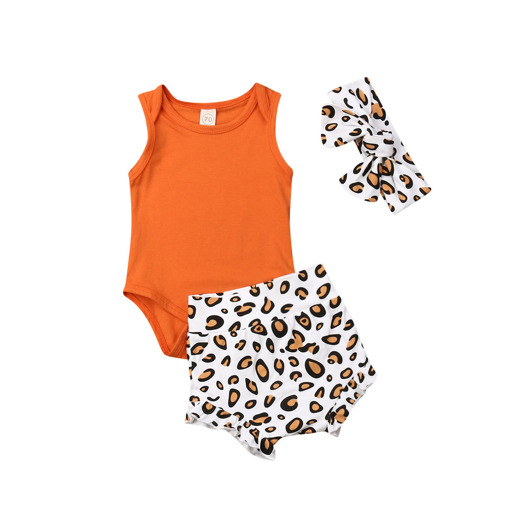 Orange Bodysuit & Leopard Shorts Headband Set